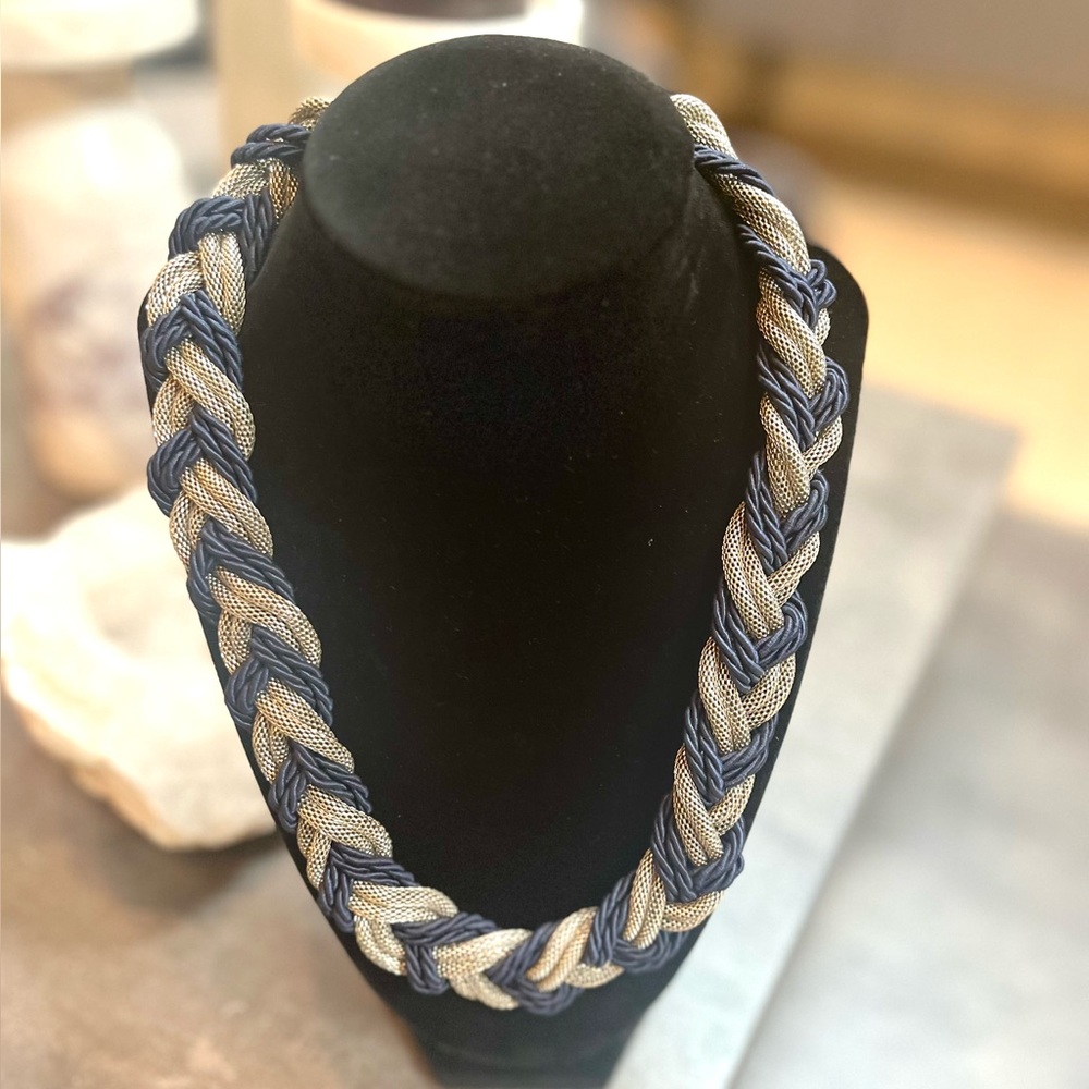 Silver & Marine Blue Choker Necklace Multi-Layer Braided Chains & Earrings
